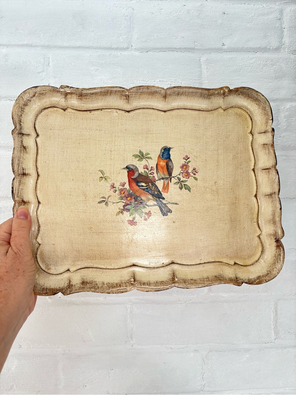 MCM Wooden Plaster Florentine Tray 12” x 10” Birds Italy